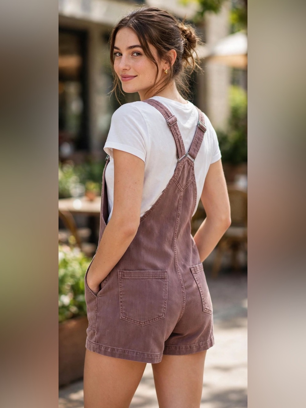 aerie Mauve Short Denim Overalls Romper